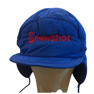 Vintage Snowshoe Blue Quilted Ear Flap Hat Trapper Cap  OSFM